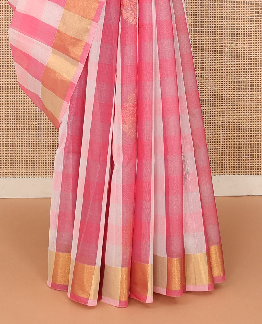 Pink striped silk cotton saree, zari border and contrast zari rich intricate pallu