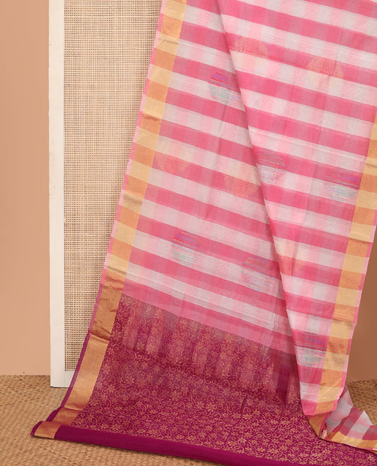 Pink striped silk cotton saree, zari border and contrast zari rich intricate pallu