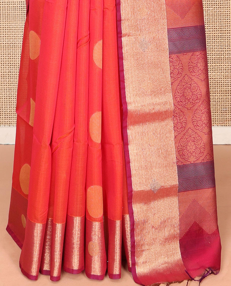 Orange Striped Silk Cotton Saree, Graced with Polka Buttas, Complemented by a Contrast Zari Border, Intricately Designed Pallu, and a Contrast Blouse