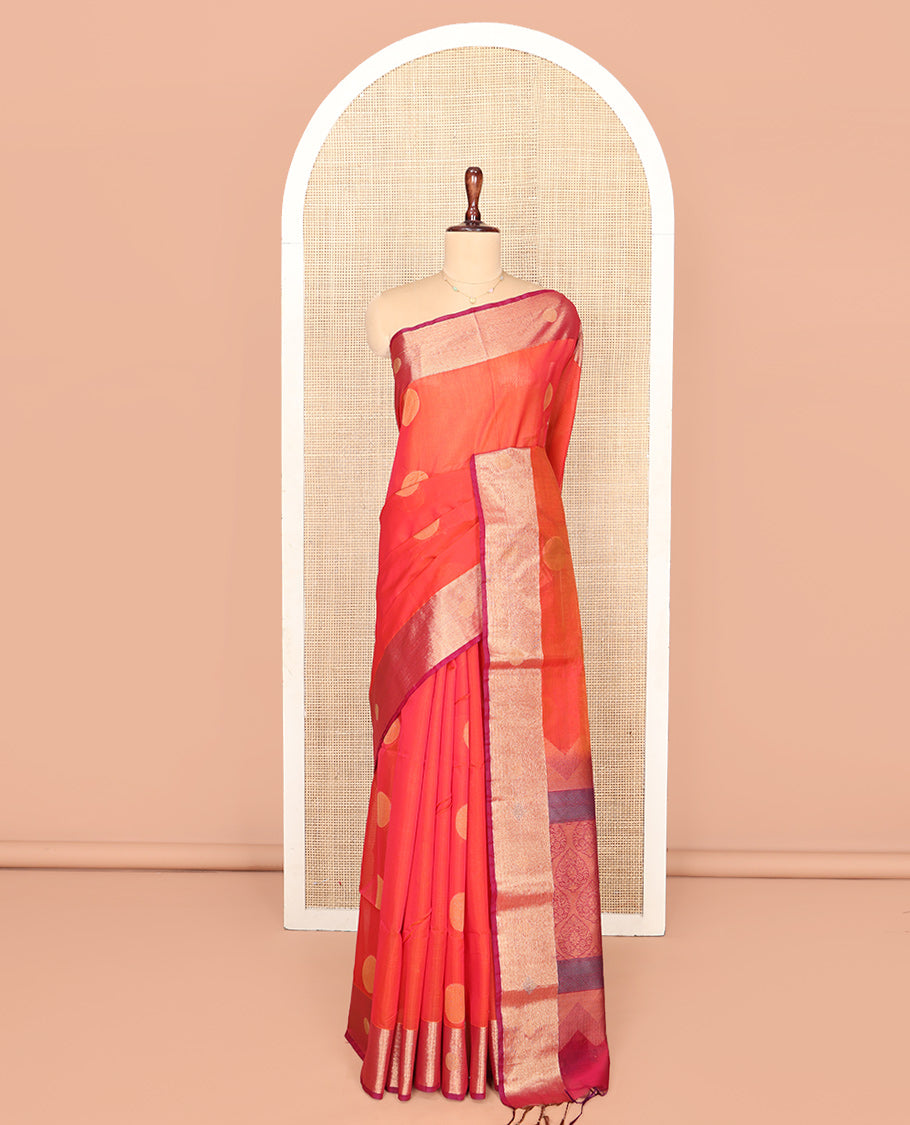 Orange Striped Silk Cotton Saree, Graced with Polka Buttas, Complemented by a Contrast Zari Border, Intricately Designed Pallu, and a Contrast Blouse
