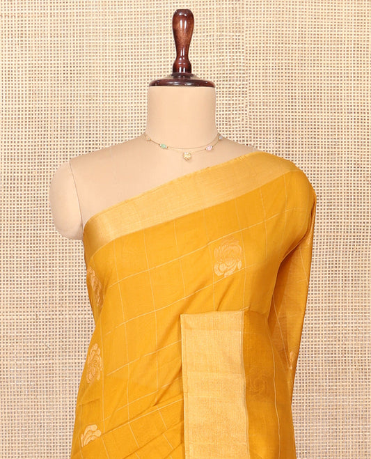 Yellow Silk Cotton Saree, Subtly Sparkled With Butta Enclosed Checks On Its, Subtle Bavanji Border, Grand Jaal Pallu and Paired with a Matching Blouse