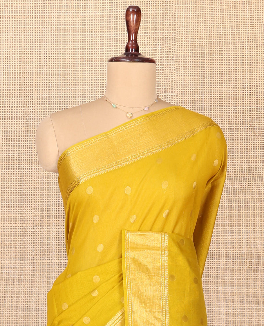 Yellow Silk Cotton Saree, Subtly Woven with Buttas All Over Its Body, Highlighted by Zari Border, Diagonally Woven Pallu and Paired with a Matching Blouse