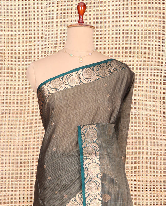 Grey Silk Cotton Saree, Subtly Sparkled with Zari Buttas and Stripes, Contrast Floral Creeper Border, Floral Pallu, and a Contrast Blouse
