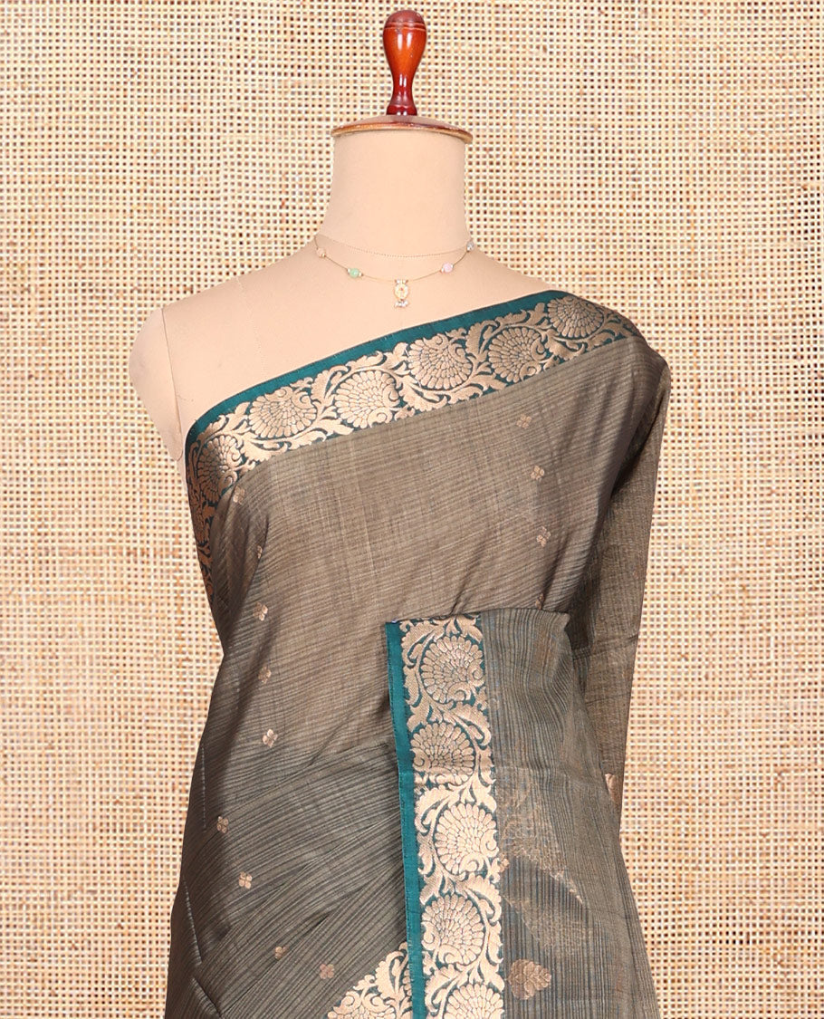 Grey Silk Cotton Saree, Subtly Sparkled with Zari Buttas and Stripes, Contrast Floral Creeper Border, Floral Pallu, and a Contrast Blouse