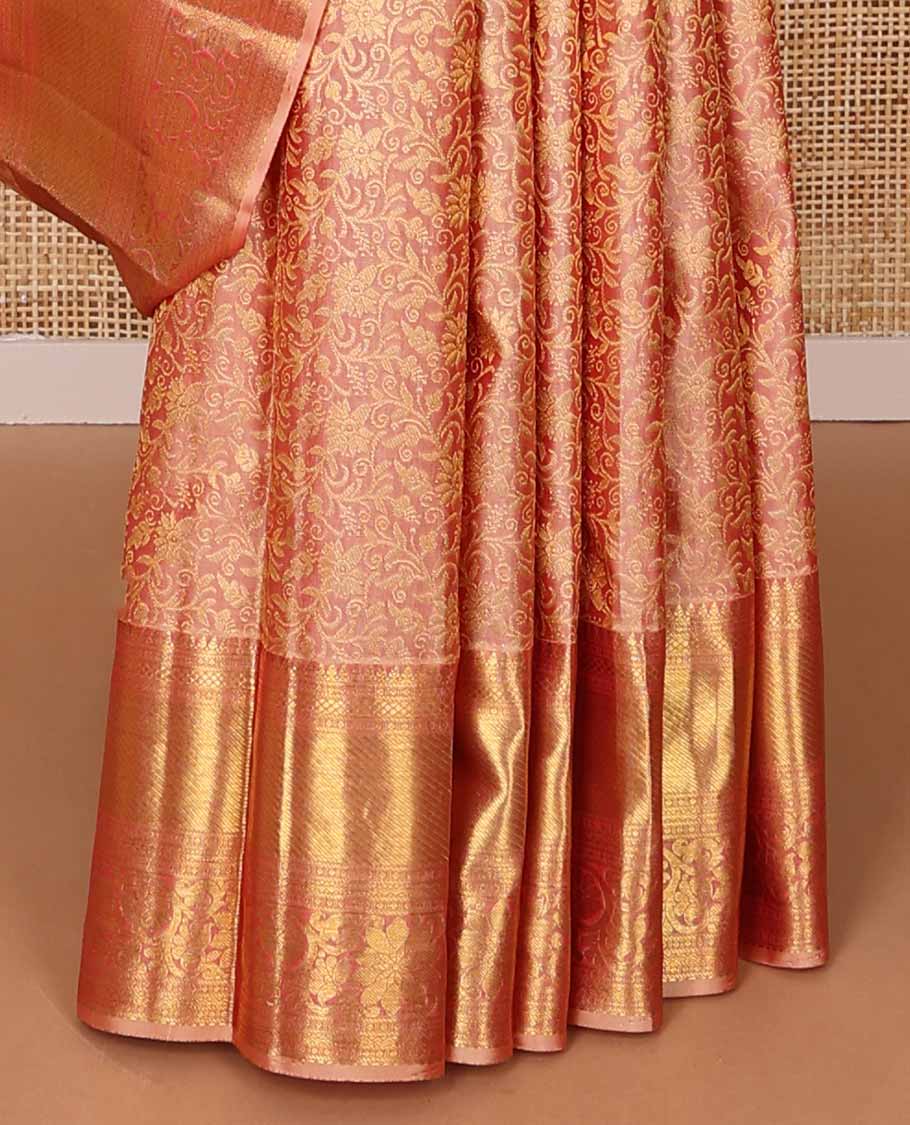 Peach floral jacquard silk saree with self border of paun, kuyil kann, banaras design & zari design pallu