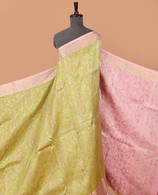 Leaf green meenakari jacquard silk saree, contrast meenakari floral-ogee border & pallu of floral meenakari design pallu