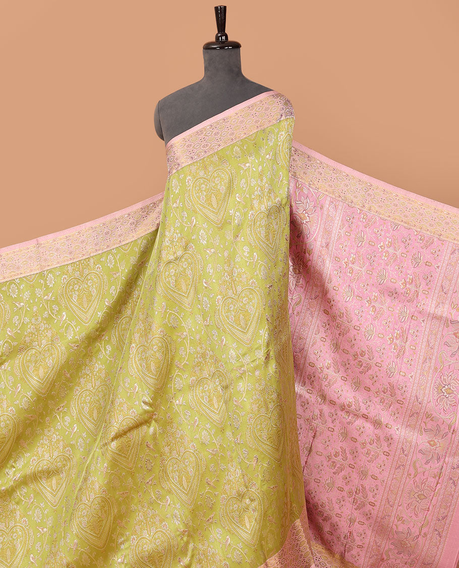 Leaf green meenakari jacquard silk saree, contrast meenakari floral-ogee border & pallu of floral meenakari design pallu