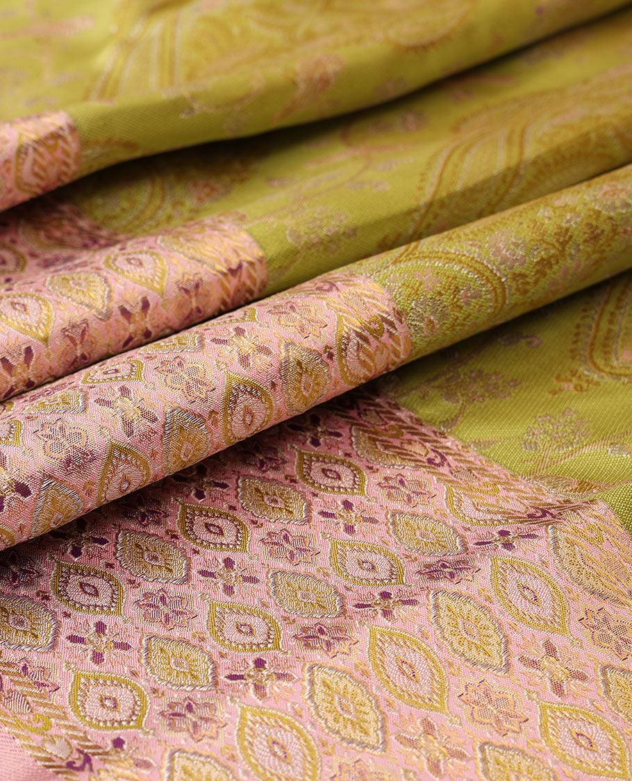 Leaf green meenakari jacquard silk saree, contrast meenakari floral-ogee border & pallu of floral meenakari design pallu