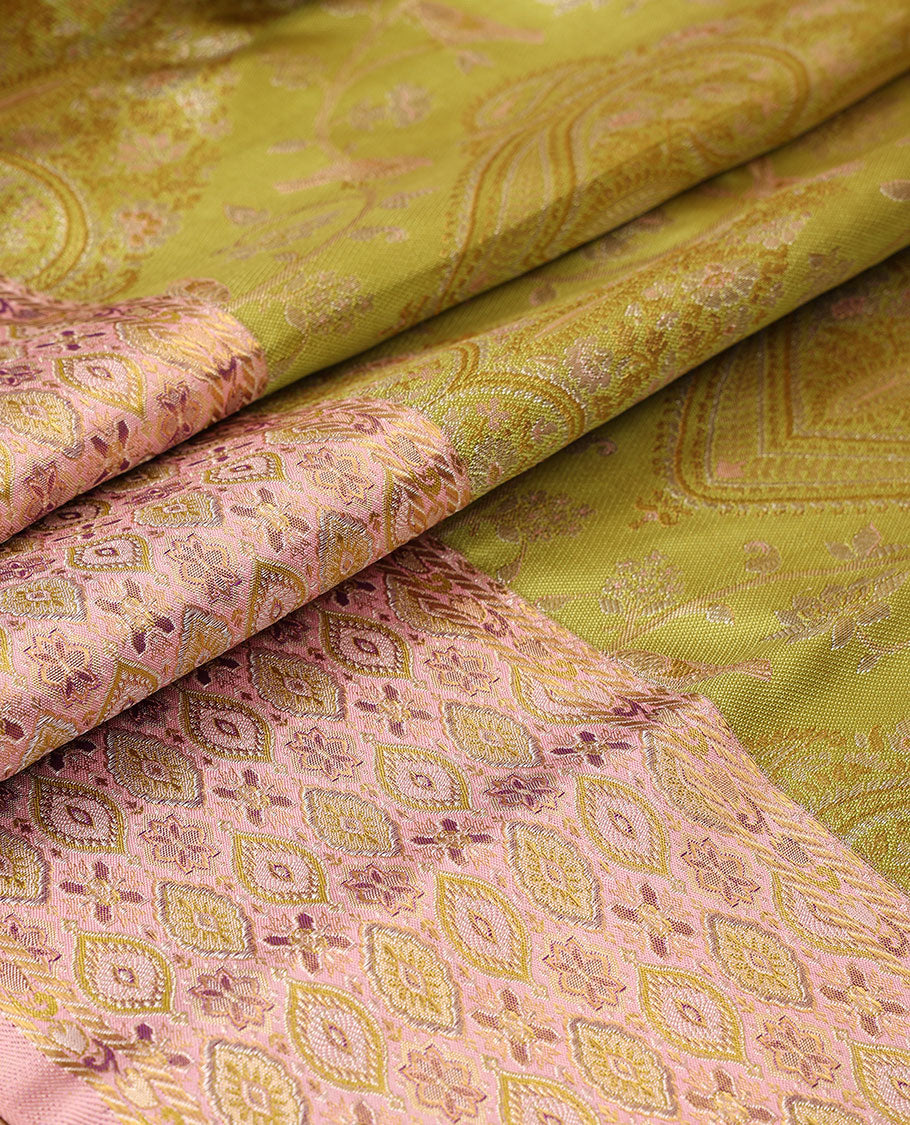 Leaf green meenakari jacquard silk saree, contrast meenakari floral-ogee border & pallu of floral meenakari design pallu