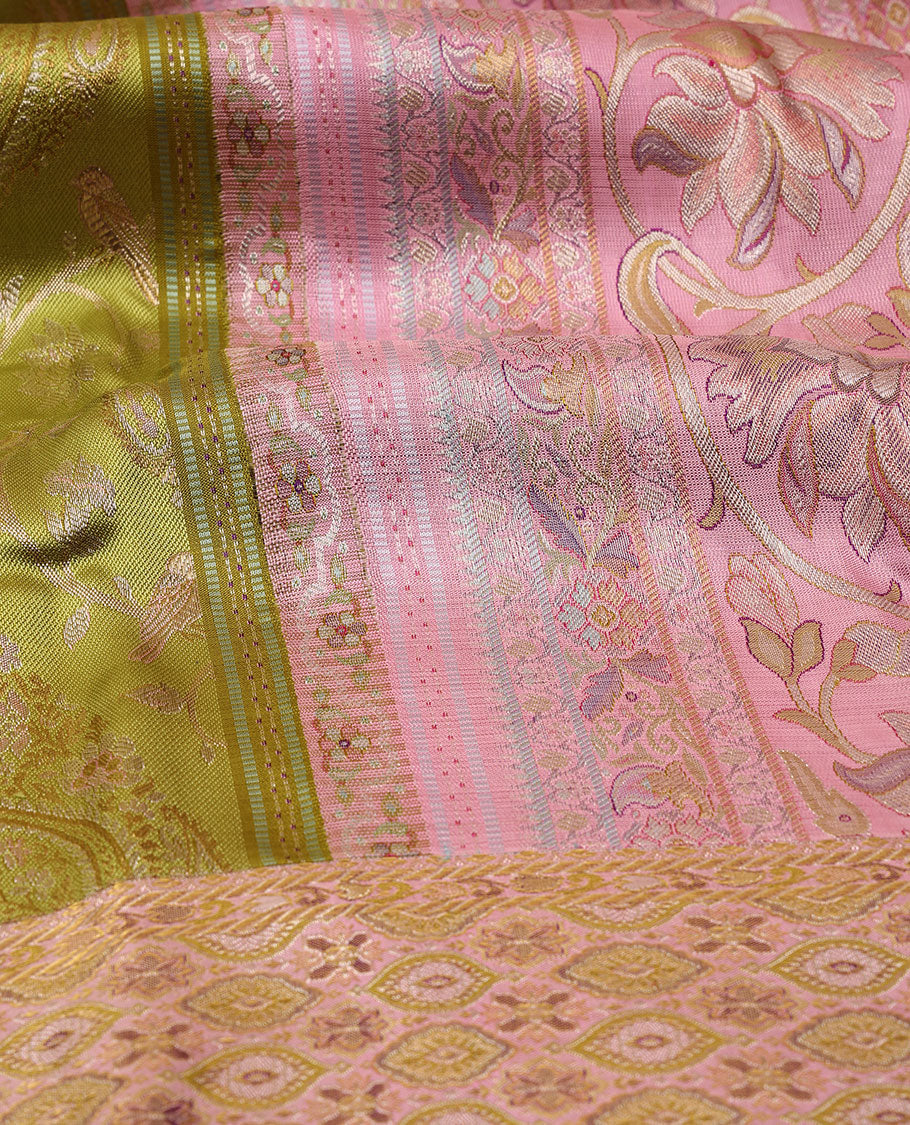Leaf green meenakari jacquard silk saree, contrast meenakari floral-ogee border & pallu of floral meenakari design pallu