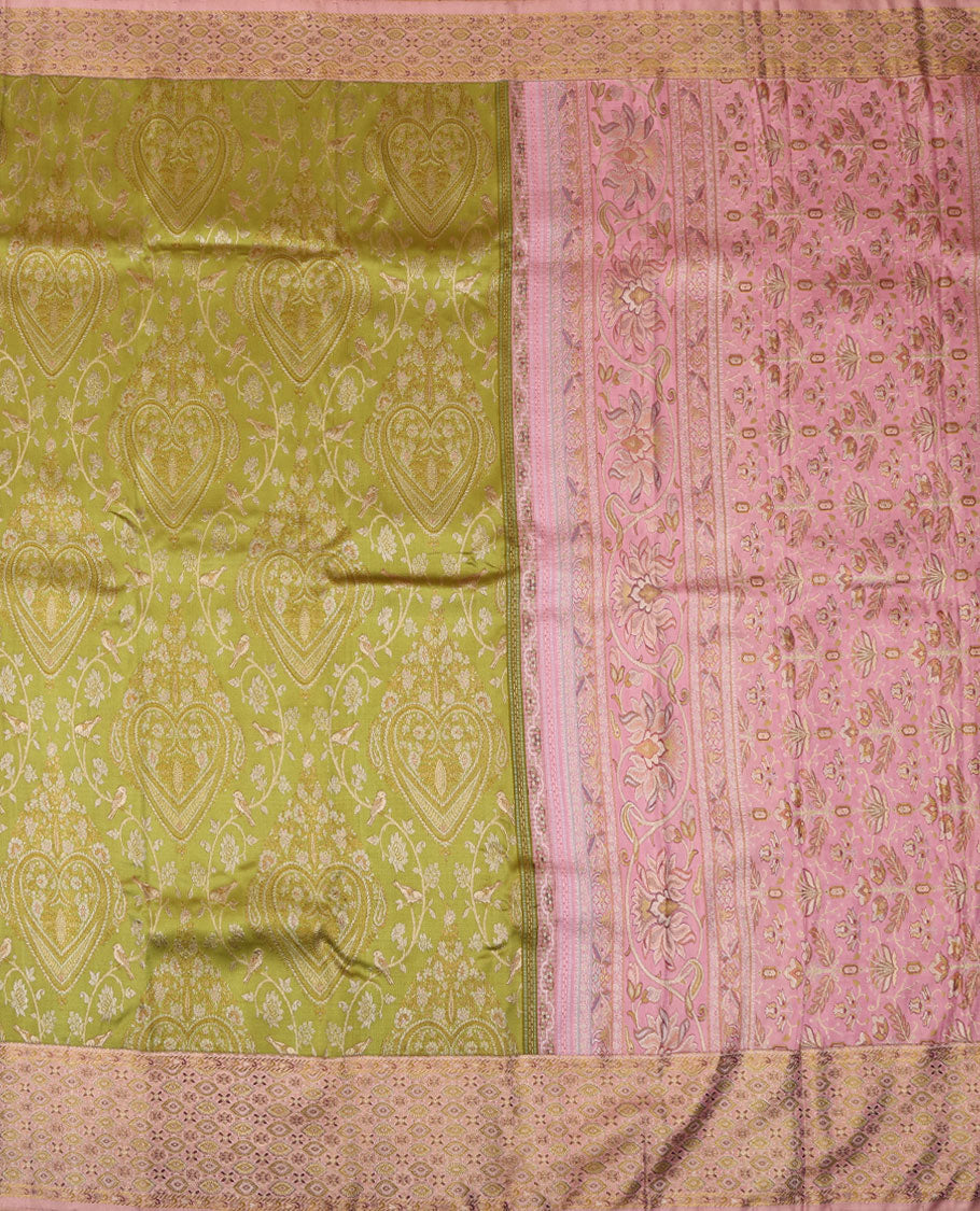 Leaf green meenakari jacquard silk saree, contrast meenakari floral-ogee border & pallu of floral meenakari design pallu