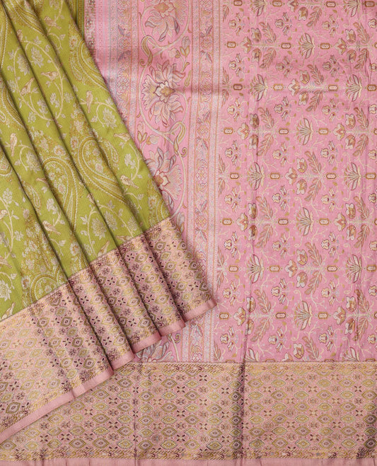 Leaf green meenakari jacquard silk saree, contrast meenakari floral-ogee border & pallu of floral meenakari design pallu
