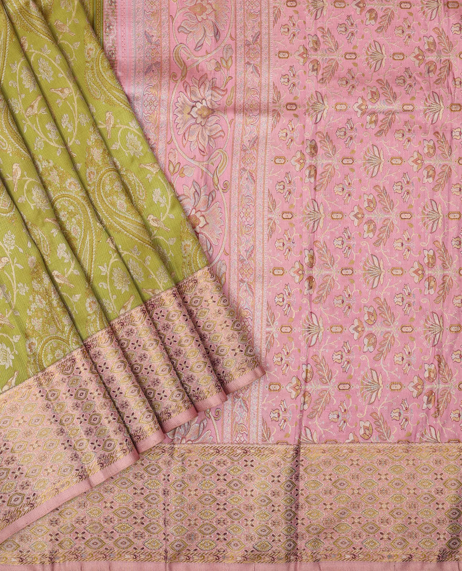Leaf green meenakari jacquard silk saree, contrast meenakari floral-ogee border & pallu of floral meenakari design pallu
