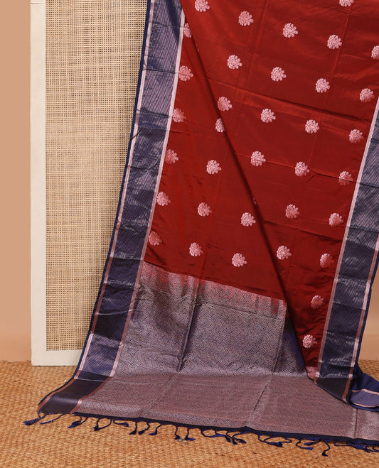 Red shade semi-soft silk saree with zari buttas, contrast zari stripes border & zari-rich jaal pallu
