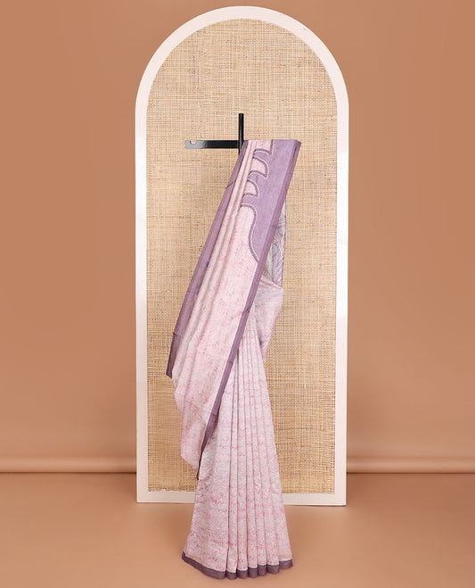 Pink crushed-style floral printed & thread kantha embroidery work tissue silk saree, contrast plain border & floral printed pallu