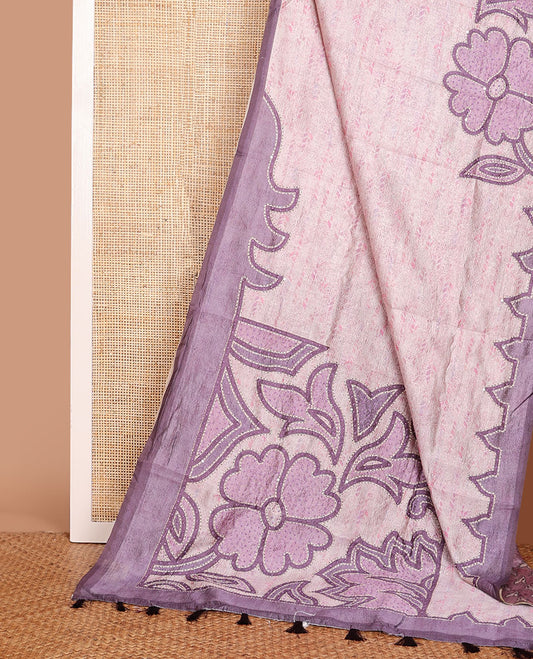 Pink crushed-style floral printed & thread kantha embroidery work tissue silk saree, contrast plain border & floral printed pallu