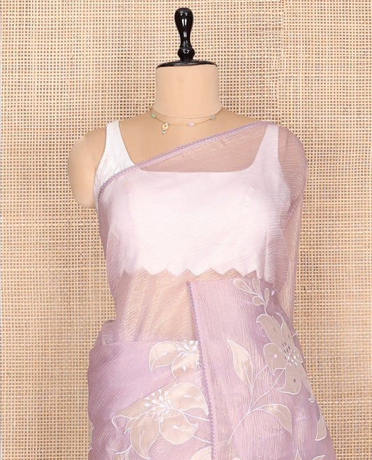 Pale Pink Crushed Tissue Saree, Delicately Decked Up with Floral Motifs Embroidery, a Subtle Scallop Border, and Matching Blouse