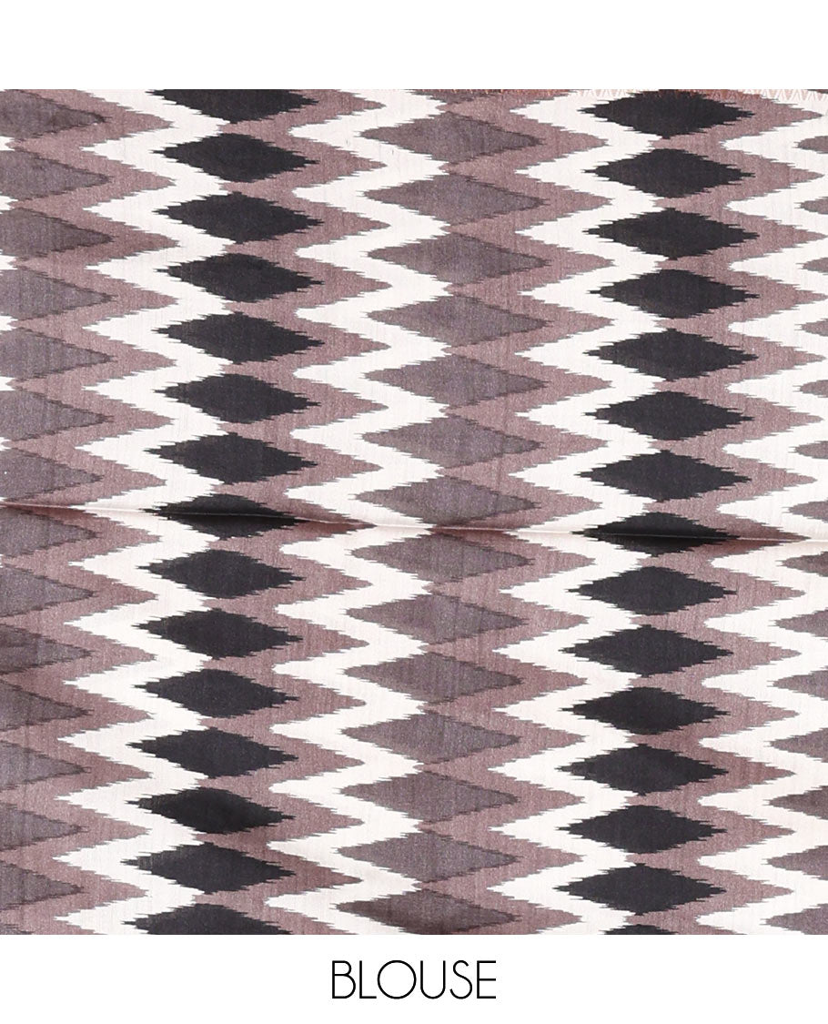 Grey buttas tussar silk saree, ikkat design border, and pallu of ikkat design