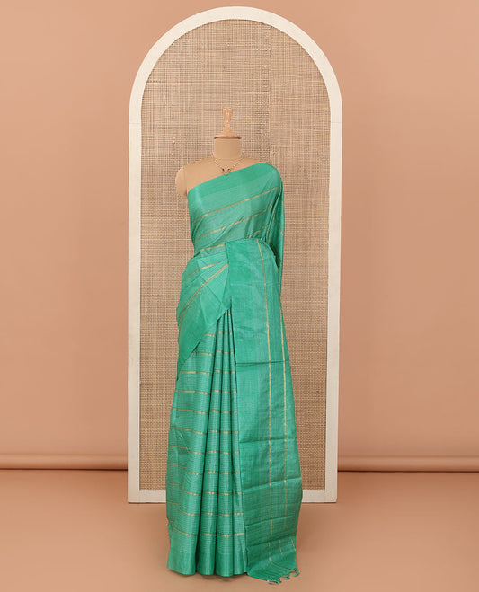 Green micro-checks and zari stripes tussar silk saree, self-border and checked pallu