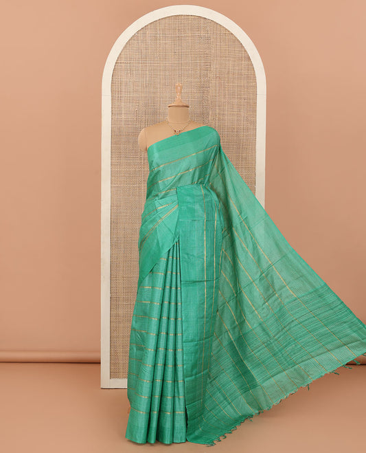 Green micro-checks and zari stripes tussar silk saree, self-border and checked pallu
