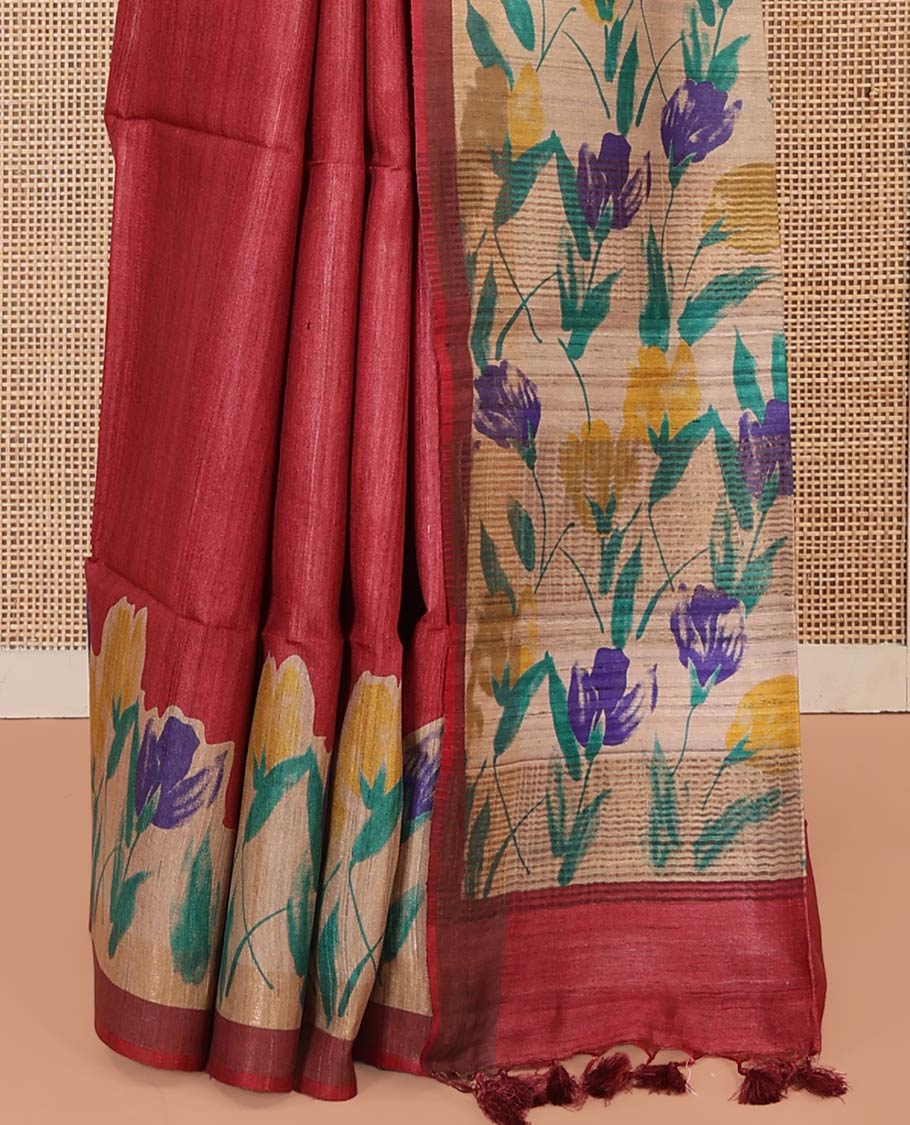 Red Plain Tussar Silk Saree Colorfully Printed with Hand-Brush Painting-Style Floral Motifs, Pallu Beautified with Floral Print, and Paired with a Plain Blouse