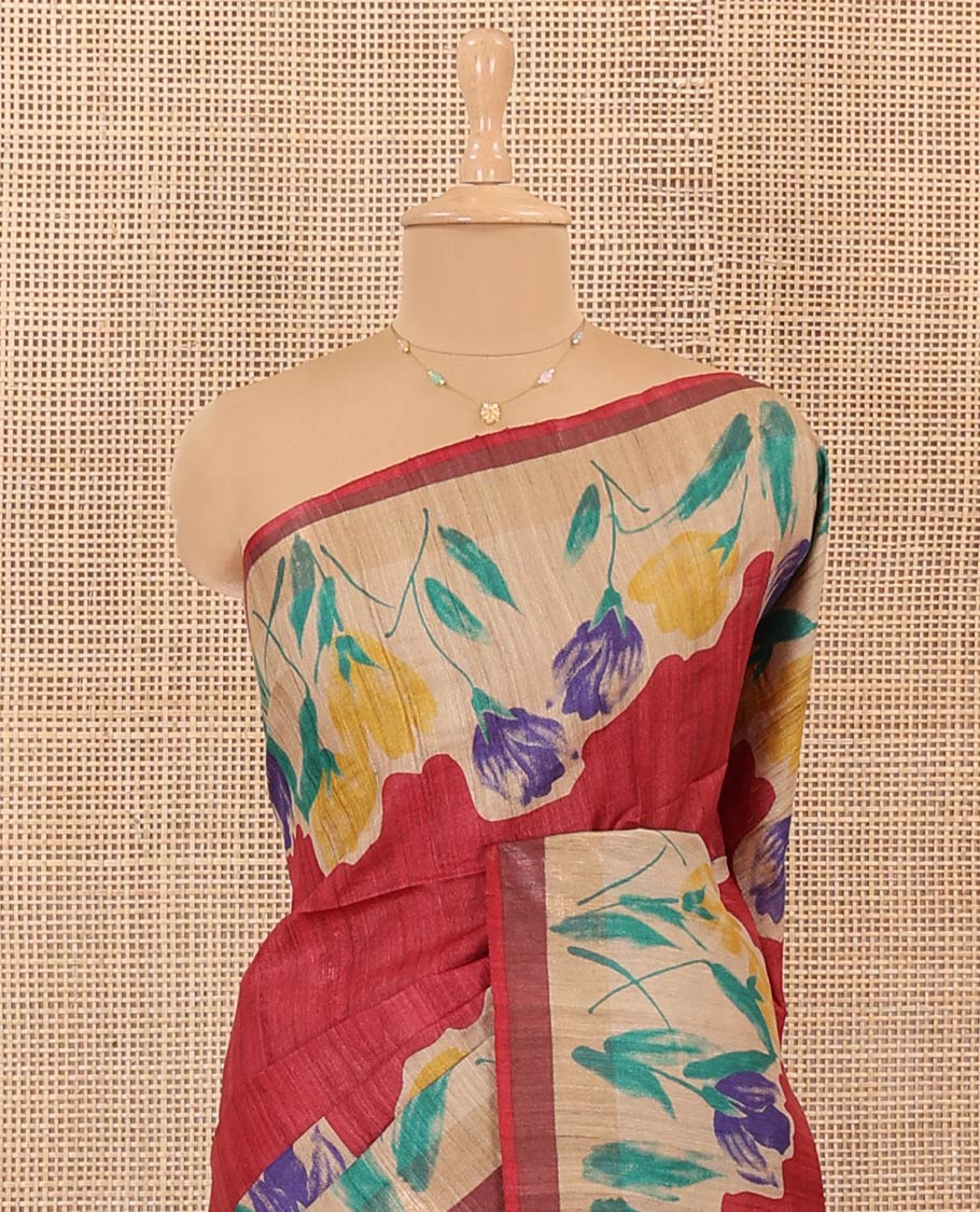 Red Plain Tussar Silk Saree Colorfully Printed with Hand-Brush Painting-Style Floral Motifs, Pallu Beautified with Floral Print, and Paired with a Plain Blouse
