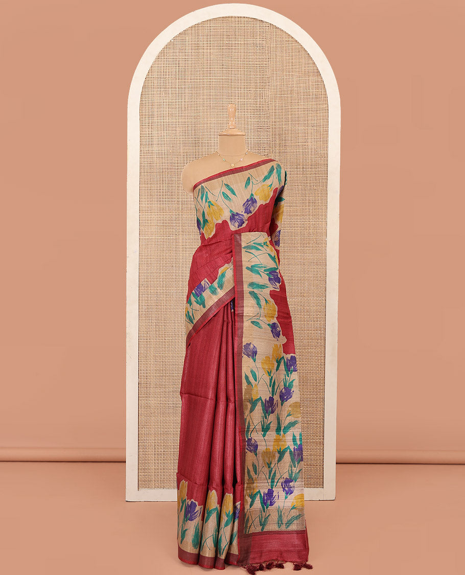 Red Plain Tussar Silk Saree Colorfully Printed with Hand-Brush Painting-Style Floral Motifs, Pallu Beautified with Floral Print, and Paired with a Plain Blouse