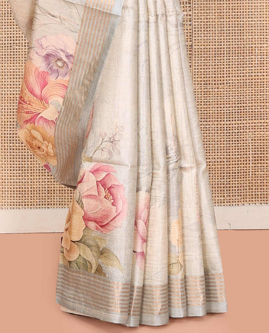 Off-White Tussar Silk Saree, Beautifully Bedecked with Fantasy-Style Floral and Buildings Printed on Its Body, a Subtle Contrast Striped Border, Heathered Pallu, and Paired with a Matching Blouse