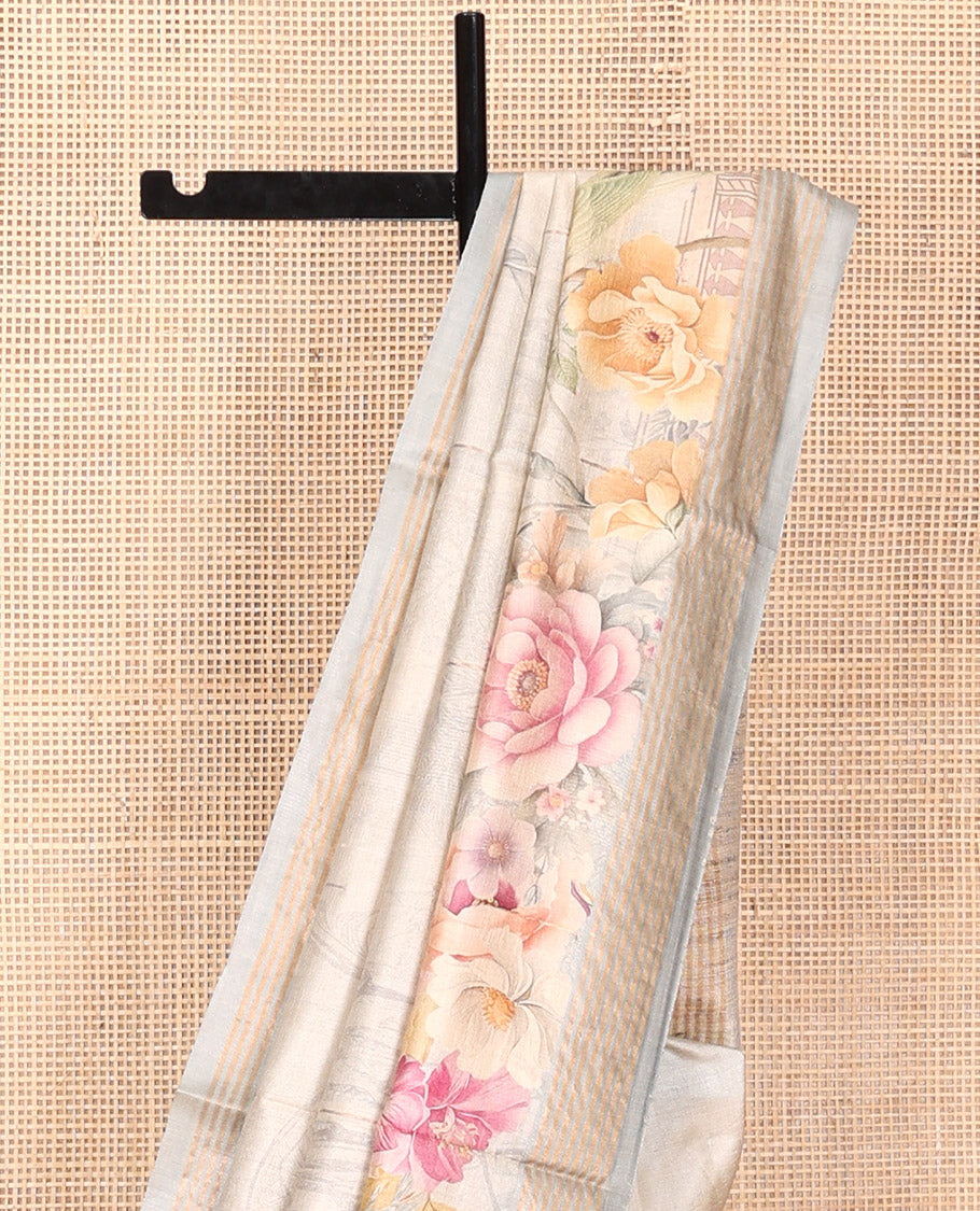 Off-White Tussar Silk Saree, Beautifully Bedecked with Fantasy-Style Floral and Buildings Printed on Its Body, a Subtle Contrast Striped Border, Heathered Pallu, and Paired with a Matching Blouse