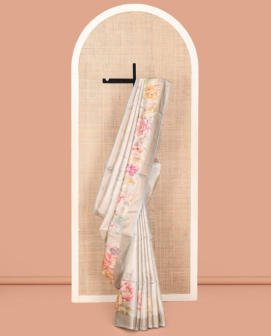 Off-White Tussar Silk Saree, Beautifully Bedecked with Fantasy-Style Floral and Buildings Printed on Its Body, a Subtle Contrast Striped Border, Heathered Pallu, and Paired with a Matching Blouse