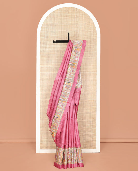 Pink Plain Tussar Saree, Impeccably Styled with Madhubani-Style Figurines Print, a Pallu Depicting Madhubani Print, and a Matching Blouse