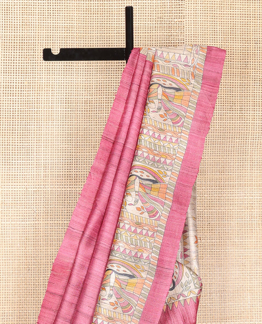 Pink Plain Tussar Saree, Impeccably Styled with Madhubani-Style Figurines Print, a Pallu Depicting Madhubani Print, and a Matching Blouse