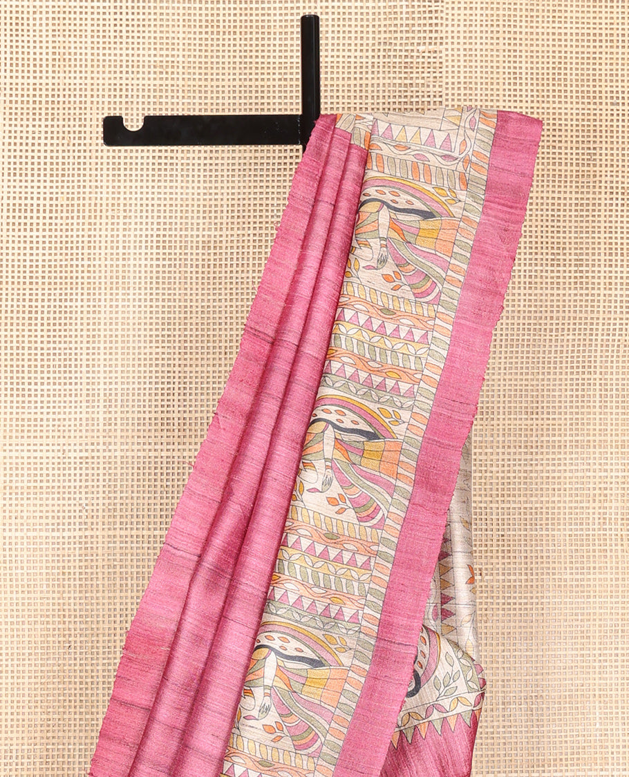 Pink Plain Tussar Saree, Impeccably Styled with Madhubani-Style Figurines Print, a Pallu Depicting Madhubani Print, and a Matching Blouse