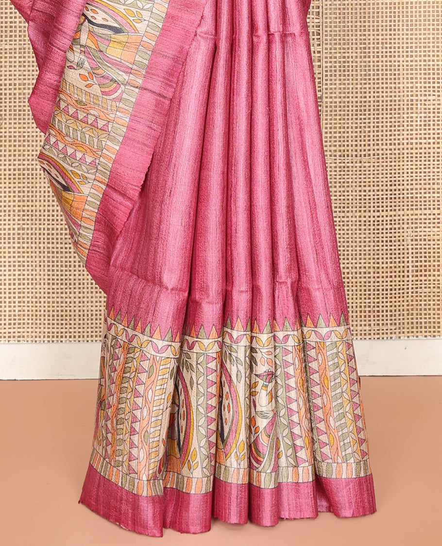 Pink Plain Tussar Saree, Impeccably Styled with Madhubani-Style Figurines Print, a Pallu Depicting Madhubani Print, and a Matching Blouse
