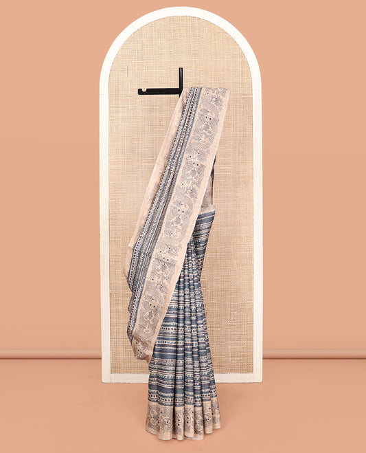 Blue-Grey Tussar Silk Saree, Impeccably Styled with Geometric Patterns, Complemented by a Contrast Fishes Printed Border, Printed Pallu, and a Contrast Blouse