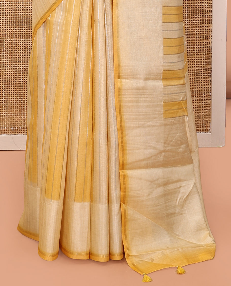 Yellow Fancy Tussar Saree, Accentuated with Stripes, a Subtle Plain Border, Plain Pallu, and a Matching Blouse