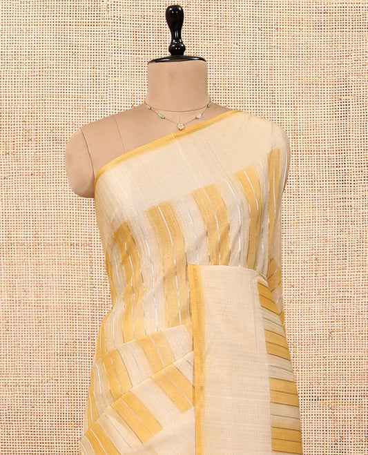 Yellow Fancy Tussar Saree, Accentuated with Stripes, a Subtle Plain Border, Plain Pallu, and a Matching Blouse
