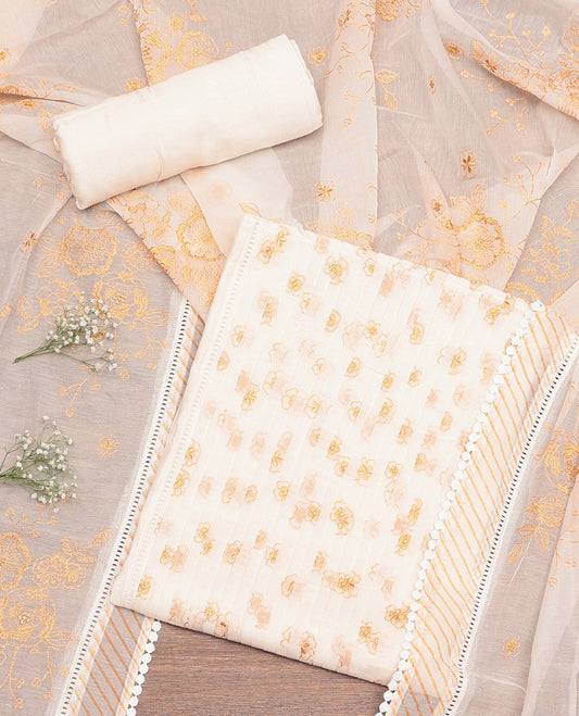 Cream Cotton Material Churidar Set Featuring Floral Embroidery Top, Matching Bottom, and Floral Embroidery Dupatta