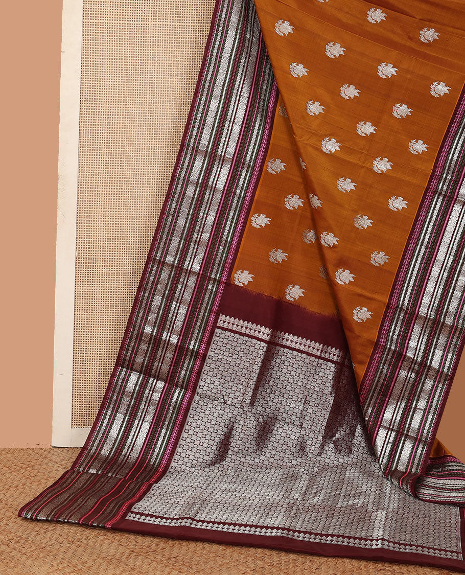 Dark mustard bird zari buttas Venkatagiri silk saree, contrast traditional design steeped border, and intricate pallu