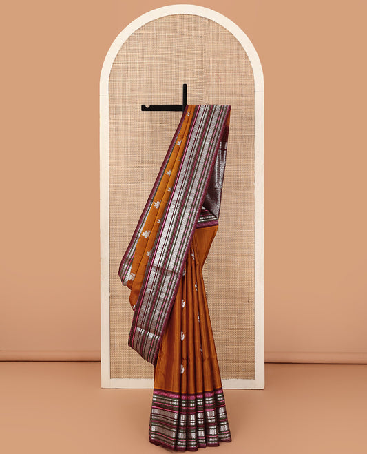 Dark mustard bird zari buttas Venkatagiri silk saree, contrast traditional design steeped border, and intricate pallu