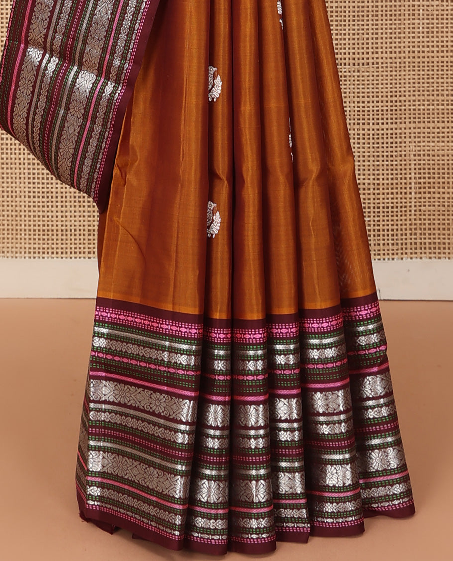 Dark mustard bird zari buttas Venkatagiri silk saree, contrast traditional design steeped border, and intricate pallu