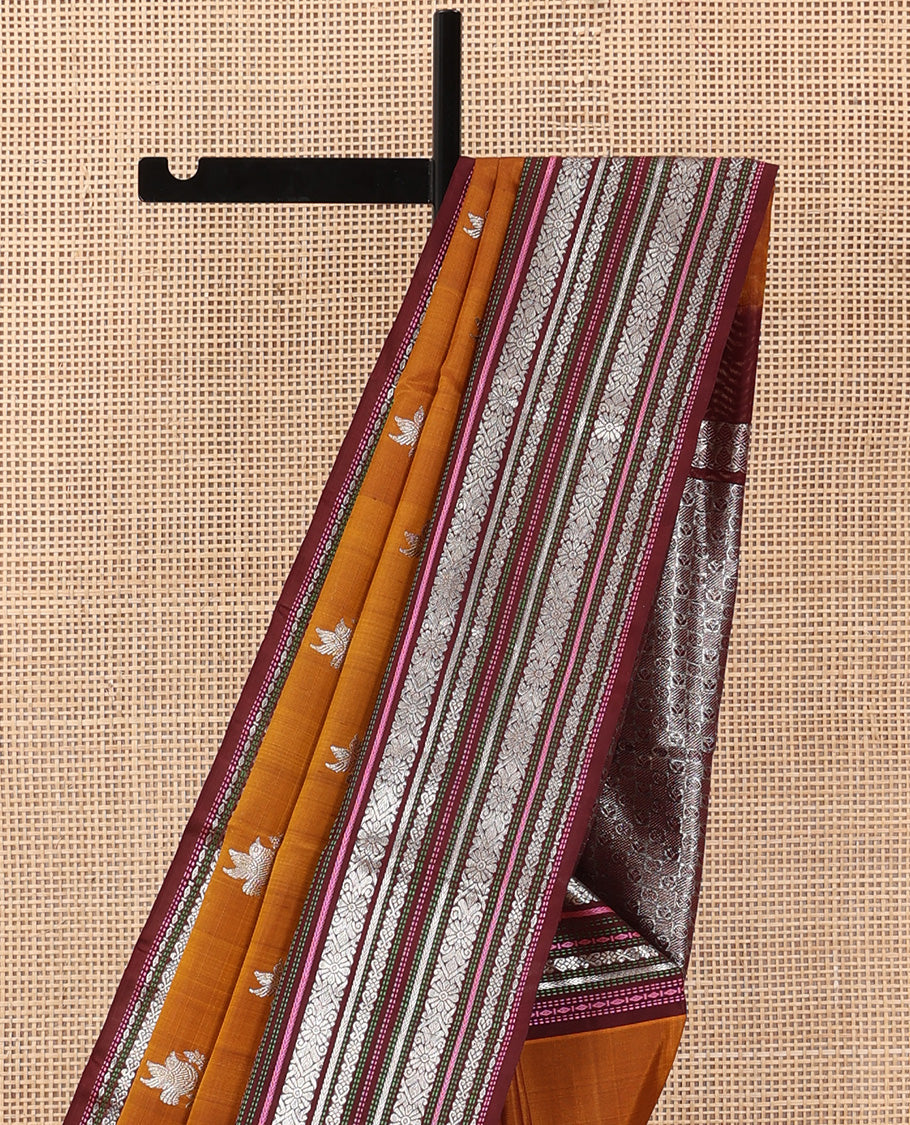 Dark mustard bird zari buttas Venkatagiri silk saree, contrast traditional design steeped border, and intricate pallu