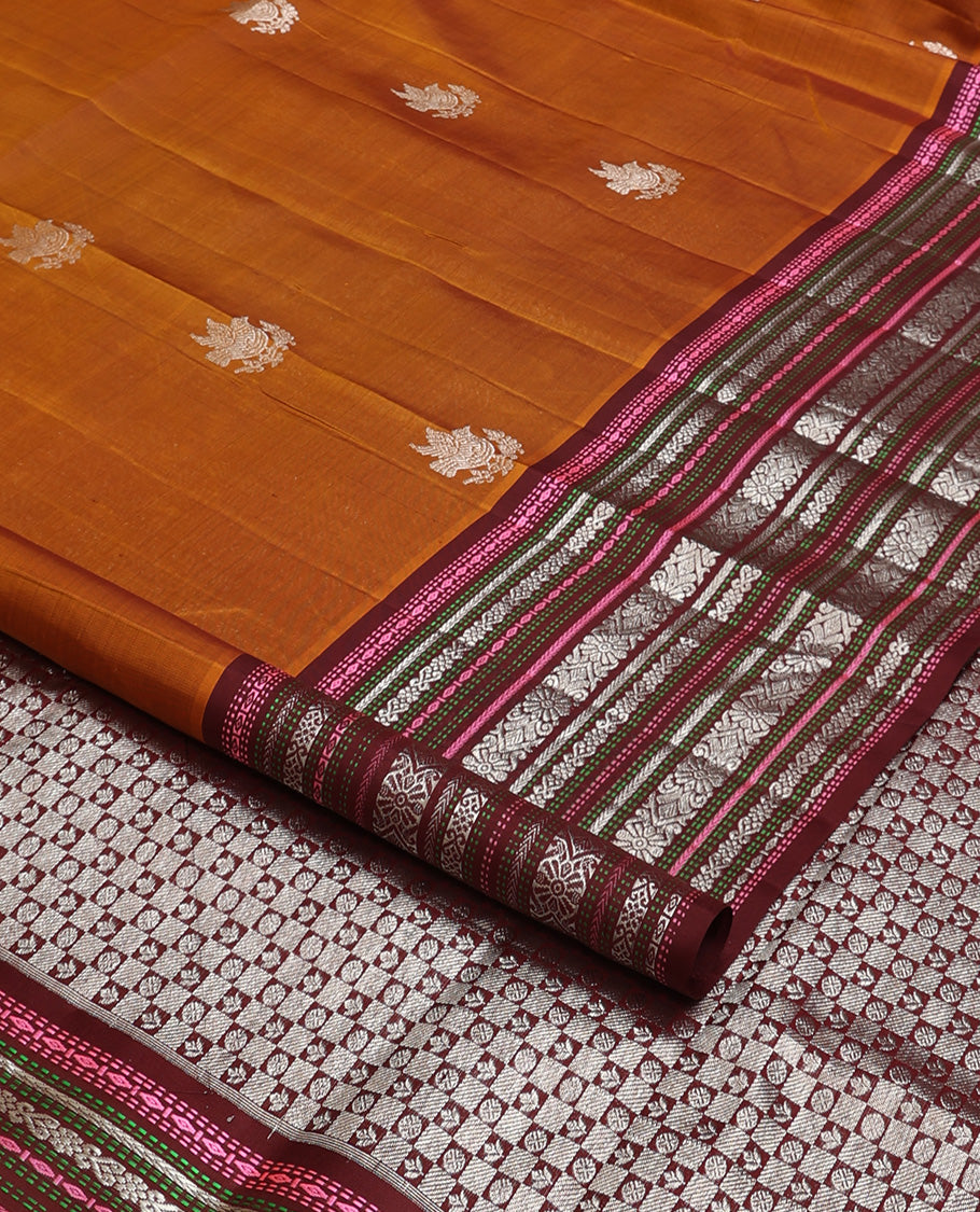 Dark mustard bird zari buttas Venkatagiri silk saree, contrast traditional design steeped border, and intricate pallu