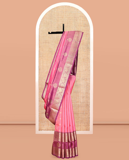 Pink Zari Buttas-Checks Venkatagiri Silk Saree, Contrast Traditional Border, Peacock Pallu, Contrast Blouse