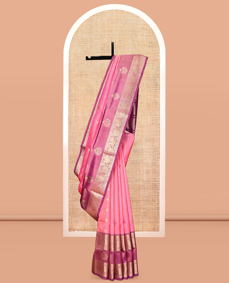 Pink Zari Buttas-Checks Venkatagiri Silk Saree, Contrast Traditional Border, Peacock Pallu, Contrast Blouse