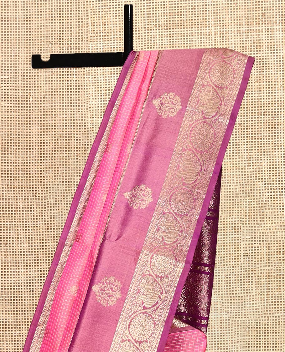 Pink Zari Buttas-Checks Venkatagiri Silk Saree, Contrast Traditional Border, Peacock Pallu, Contrast Blouse