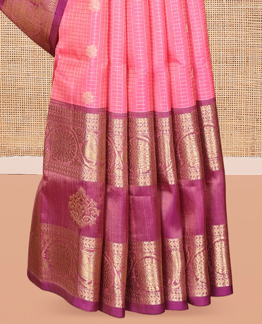Pink Zari Buttas-Checks Venkatagiri Silk Saree, Contrast Traditional Border, Peacock Pallu, Contrast Blouse