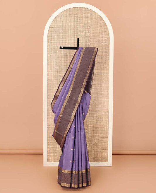 Violet zari buttas Vasundhara silk mix saree, contrast border of rekku, kathir, star kamalam, and zari checks and vel motifs pallu