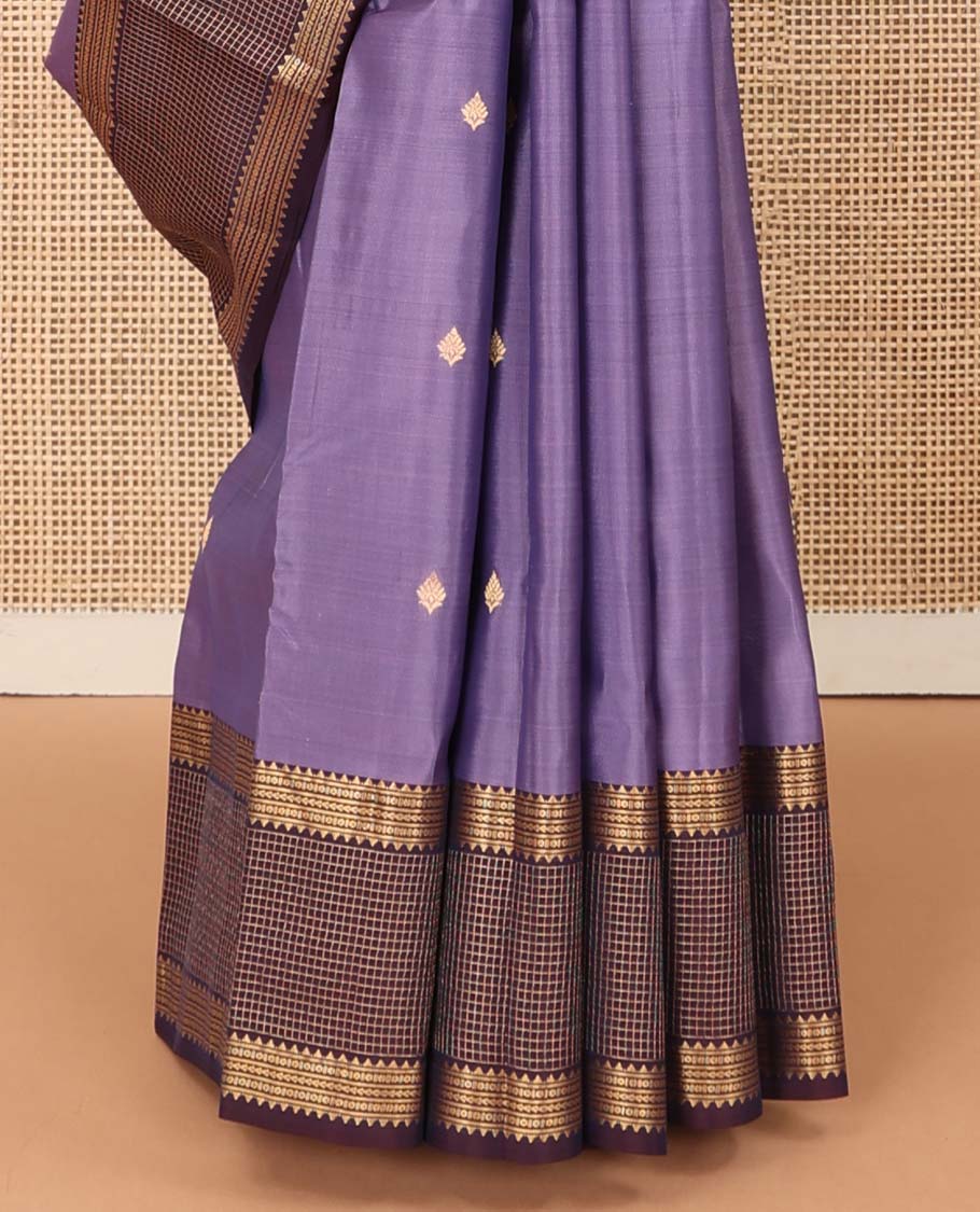 Violet zari buttas Vasundhara silk mix saree, contrast border of rekku, kathir, star kamalam, and zari checks and vel motifs pallu