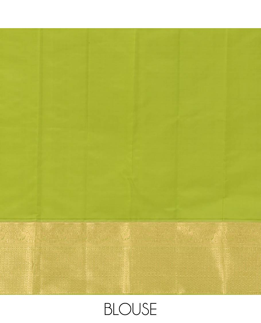 Yellow zari buttas Vasundhara silk mix saree, contrast border of muthu, mayil, kamalam, jaal designs, and pallu of kodi visiry designs